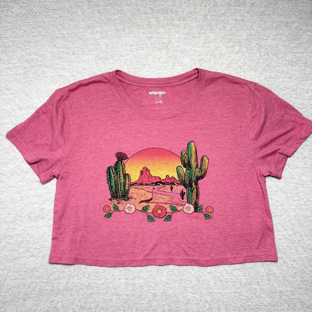 Wrangler Womens Graphic Cropped T-Shirt Small Pink Desert Cactus Western Boho